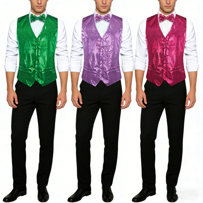 Men's Shiny Sequin Vest and Matching Bow Tie Set – 3 Vibrant Color Options for Parties, Proms Festive Events