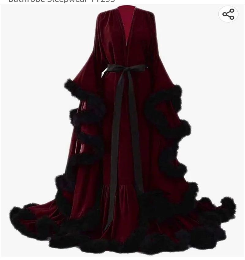 Feather Satin Women Prom Dress Sexy V Neck Full Sleeves Satin Wedding Sleepwear Evening Gown Customized Formal Bridal Robe