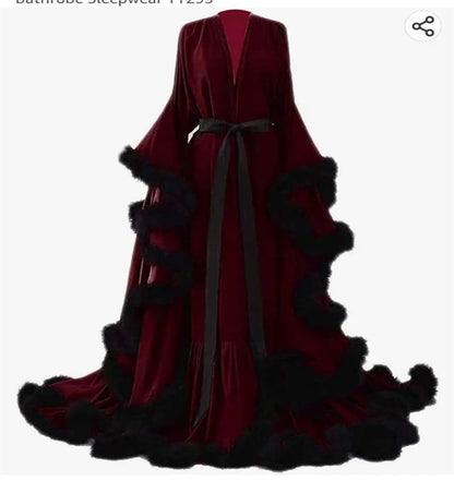 Feather Satin Women Prom Dress Sexy V Neck Full Sleeves Satin Wedding Sleepwear Evening Gown Customized Formal Bridal Robe