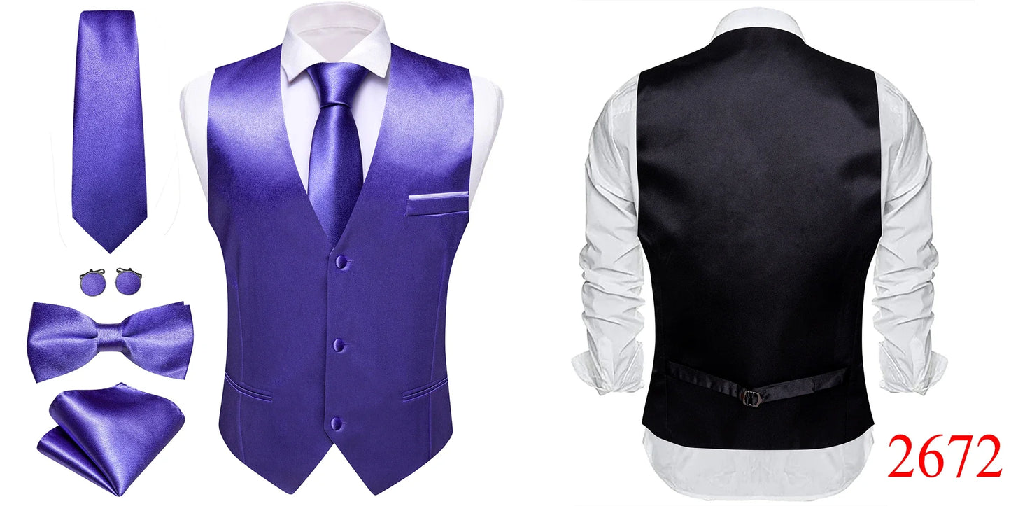 Elegant Silk Vest for Men Wedding Solid Gold Green Pink Purple Red Waistcoat Tie Bowtie Set Sleeveless Jacket Suit Barry Wang