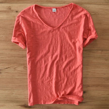 Summer T Shirt Men 100% Cotton Short Sleeve Tshirt V-neck Tops&Tee Breathable Comfortable Slim T-shirt Men Dropshopping