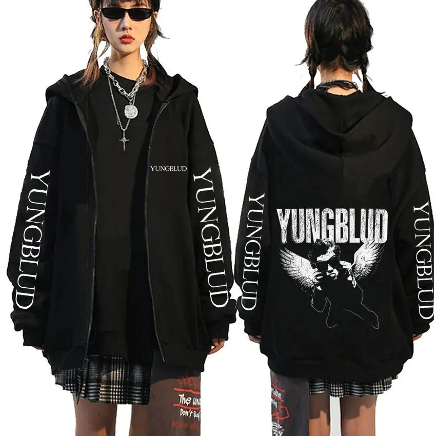 Singer Yungblud Black Hearts Club Zipper Hoodie Male Fleece Cotton Zip Up Hoodies Men Women Rock Vintage Oversized Zip Up Jacket