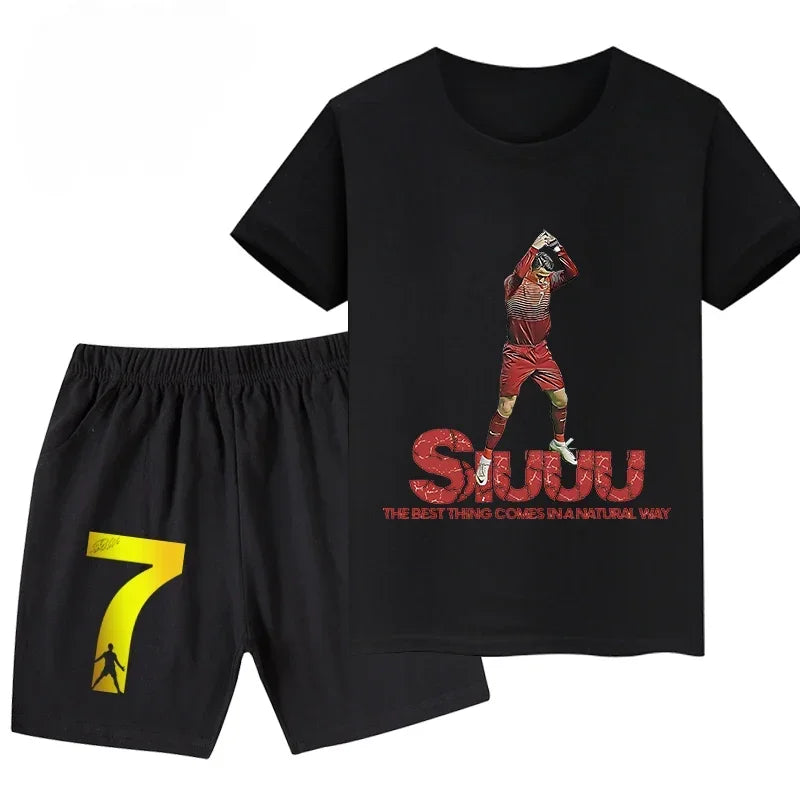 Summer Ronaldo Printed Children's Set Short-sleeved Shorts Suit Sports Kid T-shirt 2-piece Set Street Fashion Boys Baby Clothing