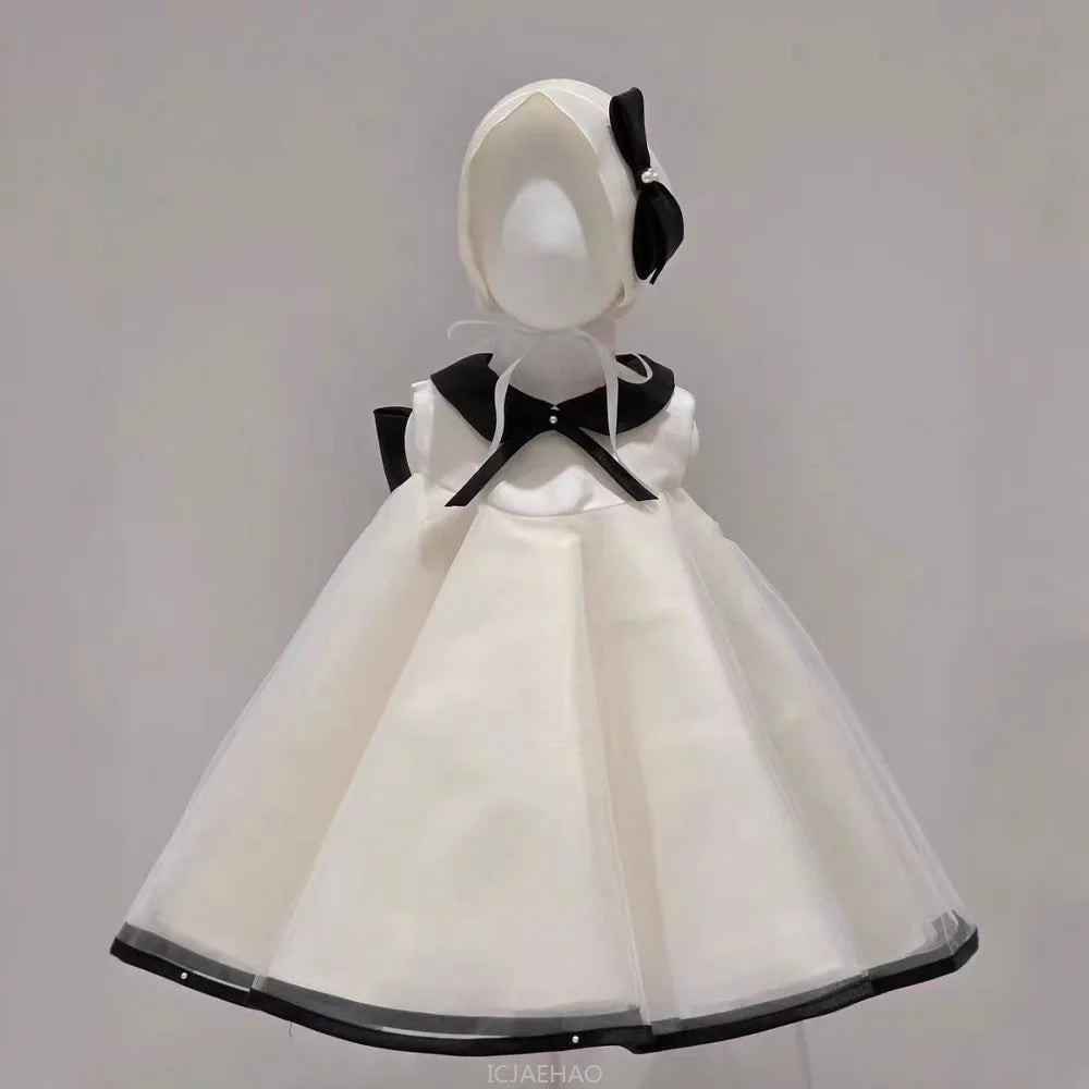 Party Dress Costumes Korean Style Girls Tulle First Birthday Dresses Children Black Bow  Collar Kids Flower Girl Gown Clothes