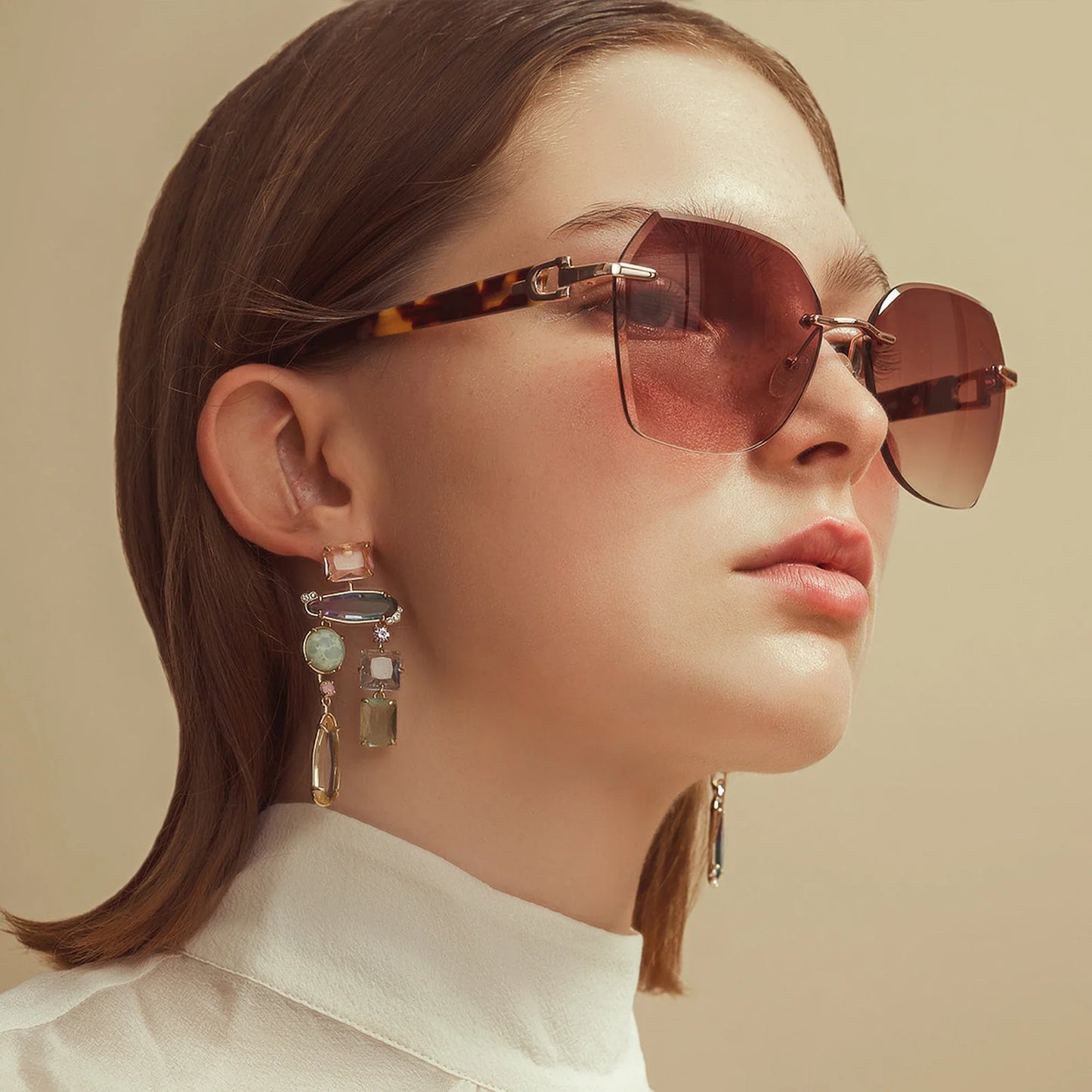 Fashion Women Rimless Sunglasses for Ladies Trendy Geometric Diamond Cutting Gradient Lens UV Protection Shades