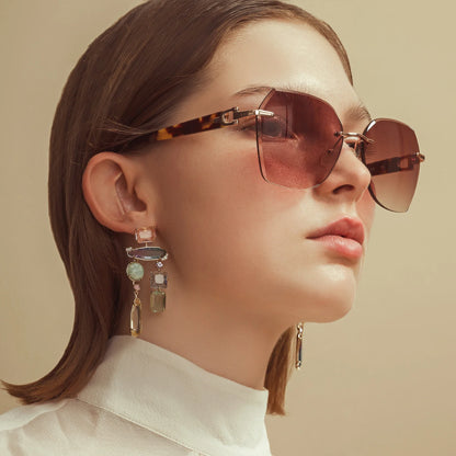 Fashion Women Rimless Sunglasses for Ladies Trendy Geometric Diamond Cutting Gradient Lens UV Protection Shades
