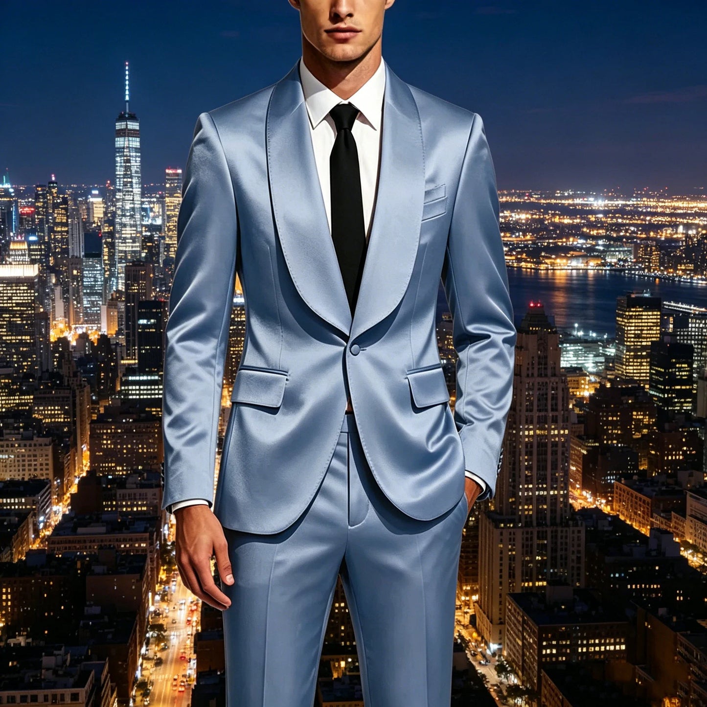Luxury Men's Satin Tuxedo Suit Shawl Lapel Slim Fit 2-Piece Blazer & Pants Set Formal Business Casual Jacket Coat for Wedding
