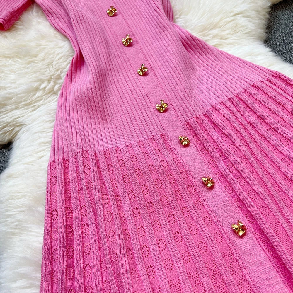 Brand Fashion Elegant Patchwork Knitted Long Dress Spring Summer Women Luxury Shirt Sweater Dress Lady Party Vestido