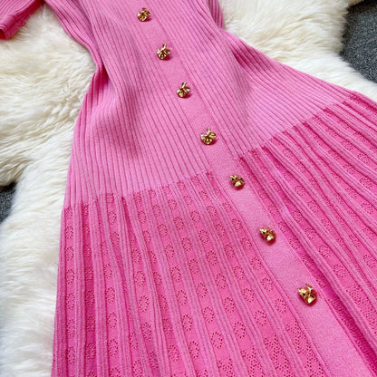 Brand Fashion Elegant Patchwork Knitted Long Dress Spring Summer Women Luxury Shirt Sweater Dress Lady Party Vestido