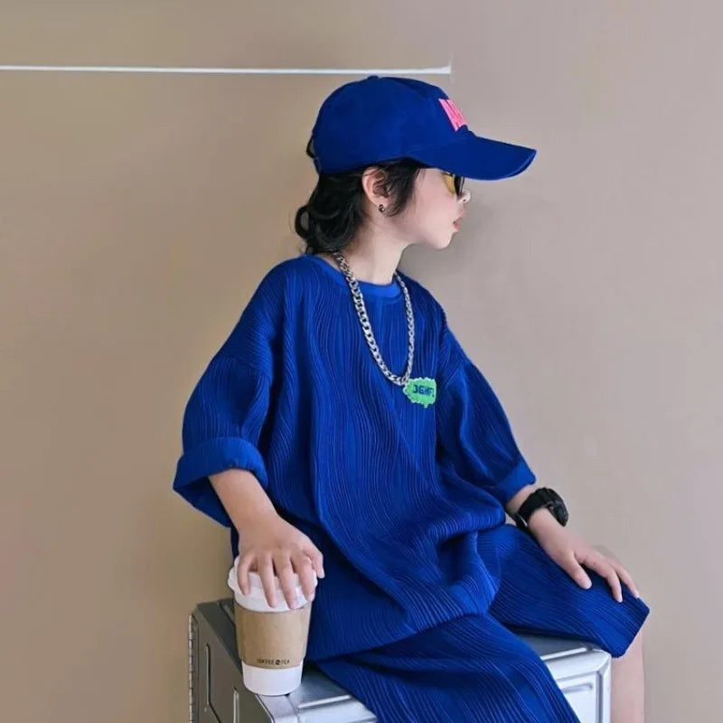 Klein Blue Wave Pattern Children's Clothes Boys T-shirt Boy Summer Set Suit Kids Toddler Clothing Sets From 4 Cotton Child Boy's
