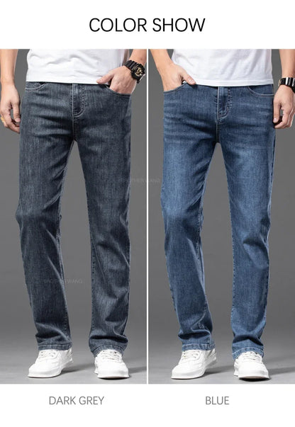 Spring Summer Thin Men's Classic Jeans Elastic Loose Straight Cotton Casual Denim Trousers Brand Clothing Business Male Pants
