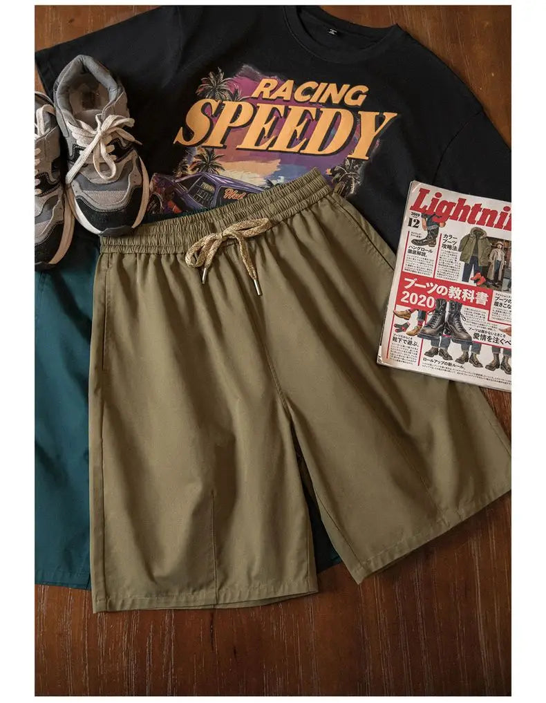 Vintage Khaki Straight Leg Shorts Men's Summer Casual Drawstring Waist Office Shorts Loose Fit Elastic Waist Bottom