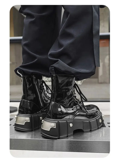 New Men Goth Platform Boots Fashion Rivet Lace Up Punk Wedges Chunky Heels Men Boots Party Street Patent Leather Men Shoes
