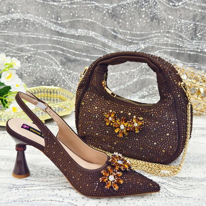 2025 Pointed Toe High Heels Shoes and Bags Set With Rhinestone for Women Wedding Party Elegant Luxury Fashion in Sky Blue