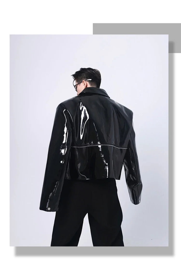 Spring Autumn Cool Loose Short Black Shiny Reflective Patent Faux Leather Jacket Men Zipper Luxury Designer Clothes