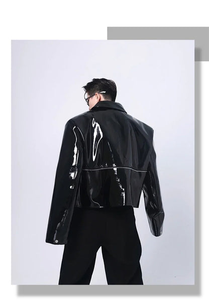 Spring Autumn Cool Loose Short Black Shiny Reflective Patent Faux Leather Jacket Men Zipper Luxury Designer Clothes