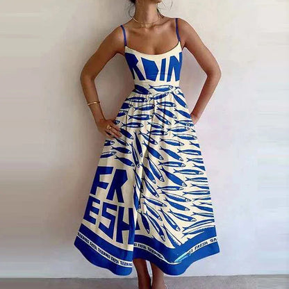 Fashion Women Print Suspenders Blue Ocean Fish Pattern Sexy Long Dress 2025 New Spring Summer Temperament Maxi Dresses