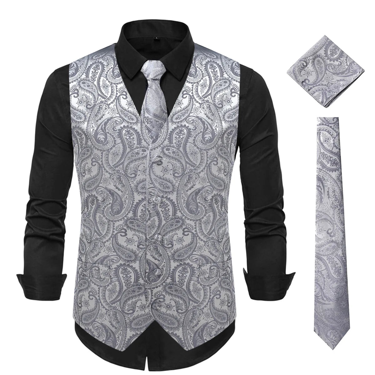 New Men Jacquard Splicing Thin Loose Suit Vest Fashion Homme Wedding Dance Party Dress Waistcoat Free with Tie