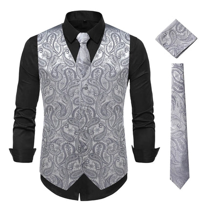 New Men Jacquard Splicing Thin Loose Suit Vest Fashion Homme Wedding Dance Party Dress Waistcoat Free with Tie