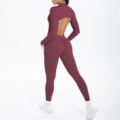 Solid Color Bodysuits for Woman's Backless Long Sleeved Zipper Yoga Jumpsuits High Dtrength Workout Sports Fitness Clothing Set