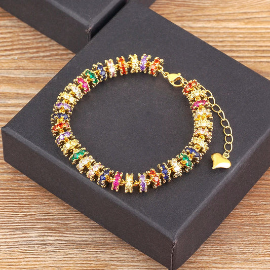 Bracelet en perles plaqué or à la mode pour femme, breloque cœur en zircon coloré, bijoux de mariage et cadeaux