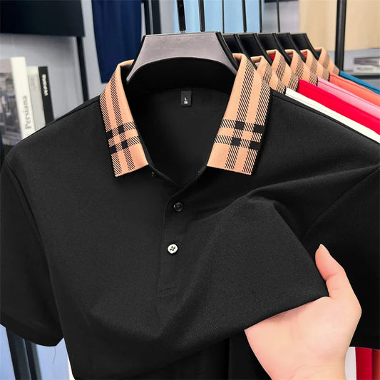 Fashion brand plaid lapel short sleeve polo shirt men summer new style simple solid color high-end business casual golf T-shirt
