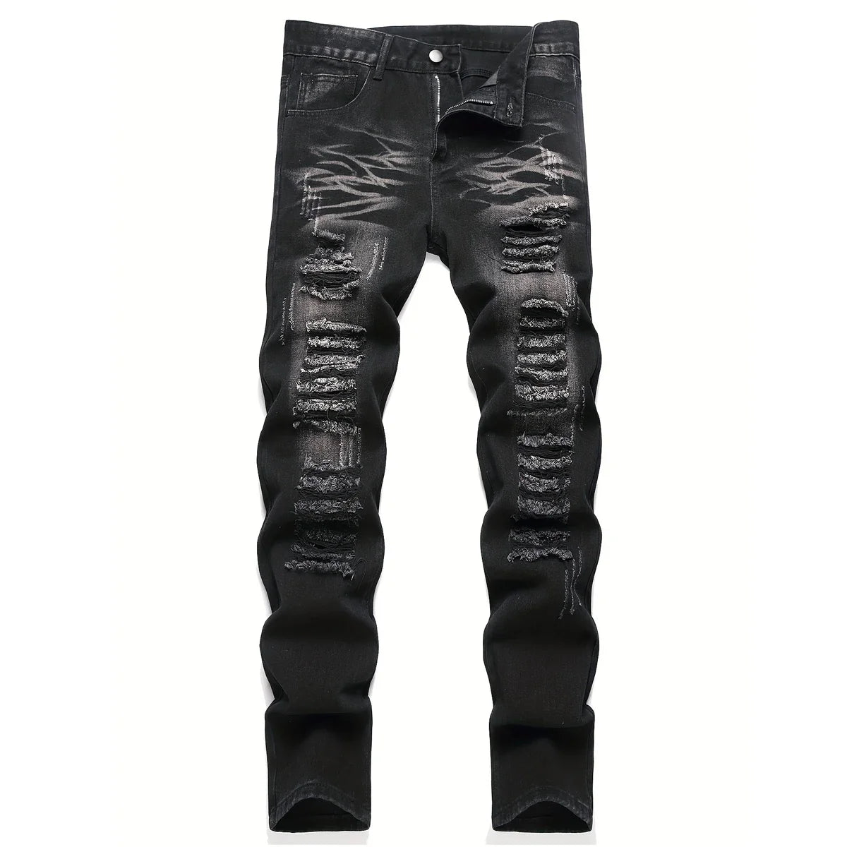 Men’s trendy streetwear: black ripped straight-leg jeans – an excellent gift for husbands or boyfriends.