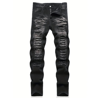 Men’s trendy streetwear: black ripped straight-leg jeans – an excellent gift for husbands or boyfriends.