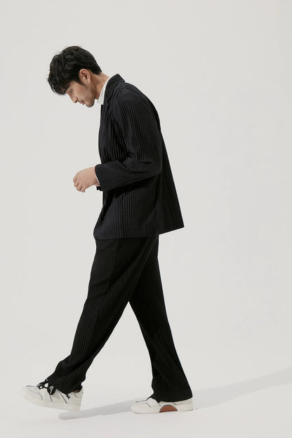 Pleated Blazer Black Suits For Men High Quality Casual Japanese Style Blazers Stretch Fabric Slim Fit Coat