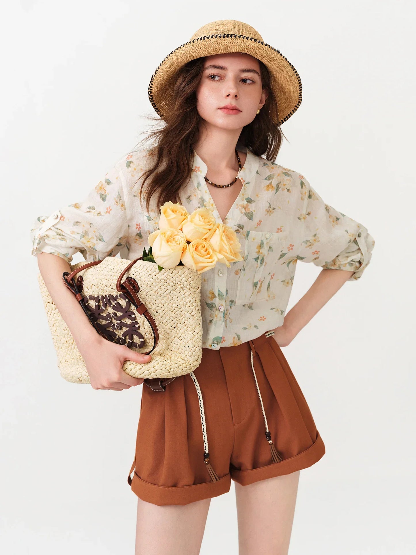 2026 Summer Women's Long Sleeve Floral Print V-Neck Shirt - Relaxed Fit Casual Blouse for Daily and Summer Layering