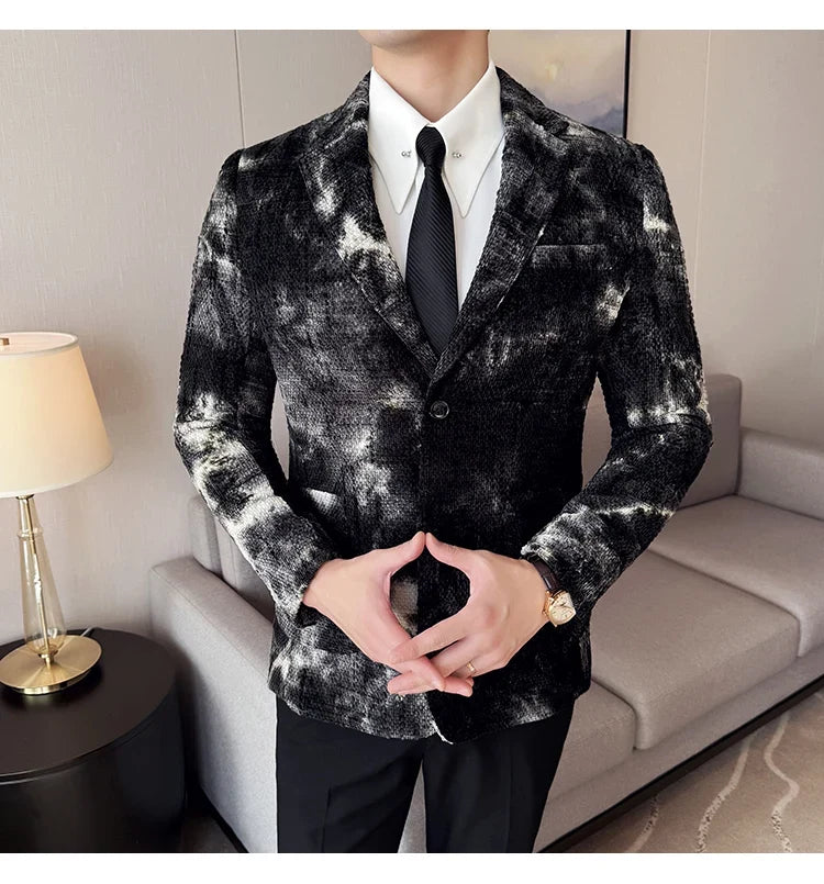High QualityTie Dye Chenille Men Fashion Casual Suit Jacket Autumn Winter New Korean Slim Fit Social Wedding Suit Blazer