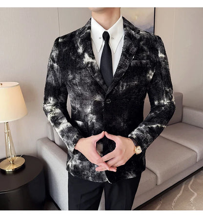 High QualityTie Dye Chenille Men Fashion Casual Suit Jacket Autumn Winter New Korean Slim Fit Social Wedding Suit Blazer