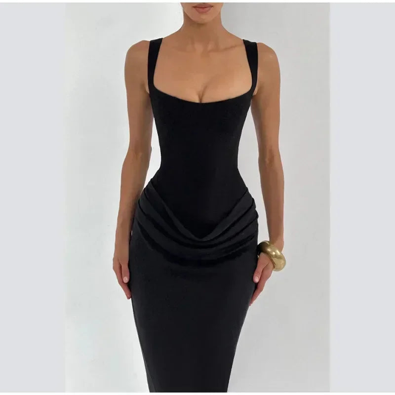 Sexy Square-neck Halter Long Dress Women 2025 Pleated Sleeveless Backless High Waist Bodycon Dresses New Summer Lady Party Gowns