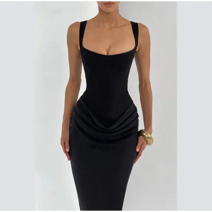 Sexy Square-neck Halter Long Dress Women 2025 Pleated Sleeveless Backless High Waist Bodycon Dresses New Summer Lady Party Gowns