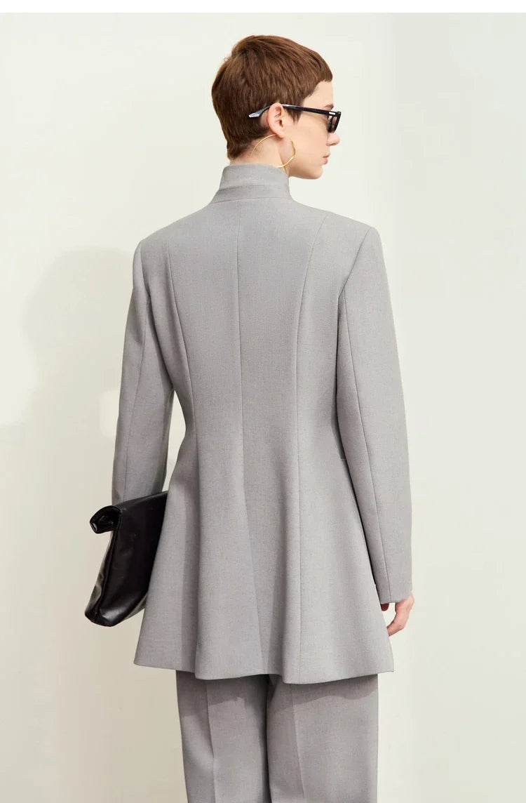 Minimalism 2024 Autumn Jackets for Women New Stand Collar Slim Female Vintage Quality Shoulder Pad Tailored Coat 12443066