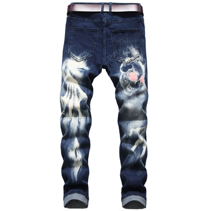 2026 Men's Blue 3D Printing Jeans, Black Wolf Pattern Printed Punk Straight Cotton Casual Print Denim Pants Asian Size 28-42