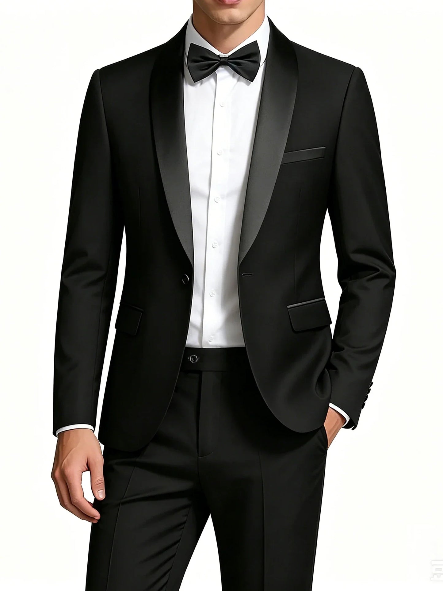 Men's Black Satin Shawl Lapel Tuxedo Suit 2 Pieces, Slim Fit Formal Blazer & Pants for Wedding Party Prom Groom Outfit