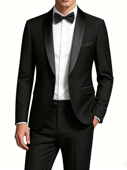 Men's Black Satin Shawl Lapel Tuxedo Suit 2 Pieces, Slim Fit Formal Blazer & Pants for Wedding Party Prom Groom Outfit