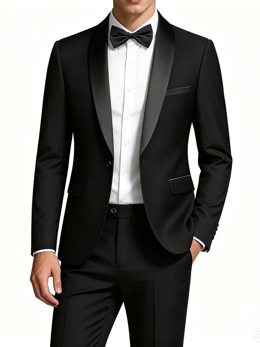 Men's Black Satin Shawl Lapel Tuxedo Suit 2 Pieces, Slim Fit Formal Blazer & Pants for Wedding Party Prom Groom Outfit