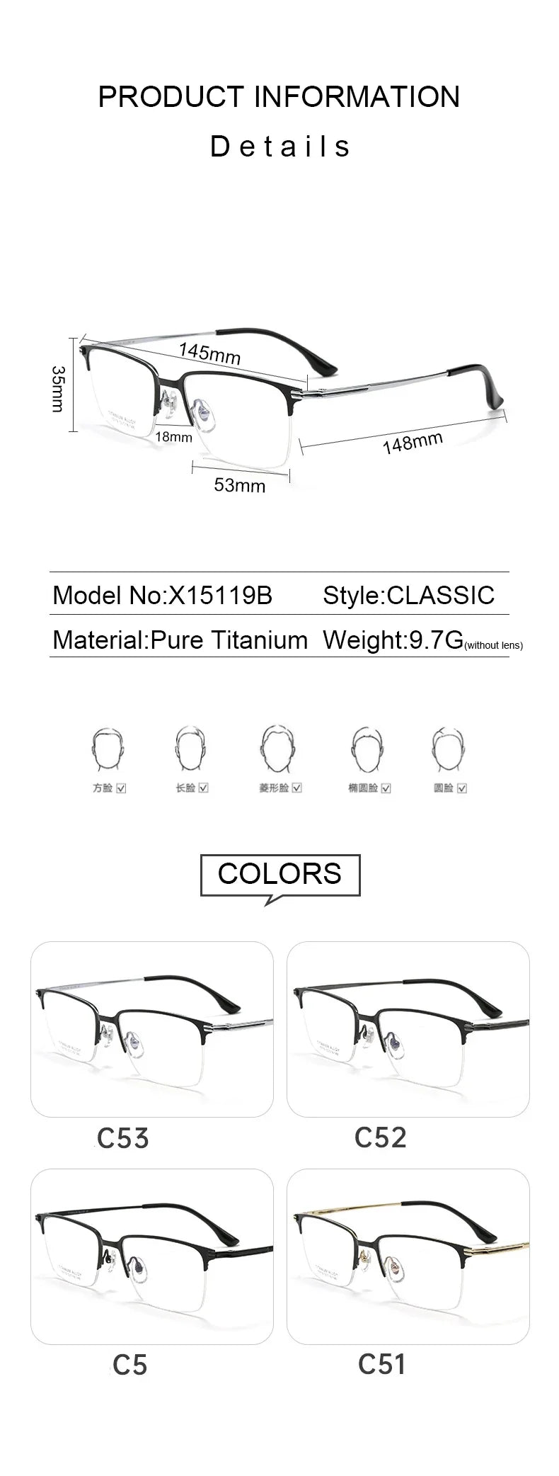 Pure Titanium Half Frame Business Eyeglasses Frames Anti-blue Light Reading Glasses Men's Customized Prescription X15119B