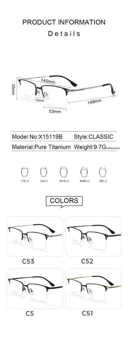 Pure Titanium Half Frame Business Eyeglasses Frames Anti-blue Light Reading Glasses Men's Customized Prescription X15119B