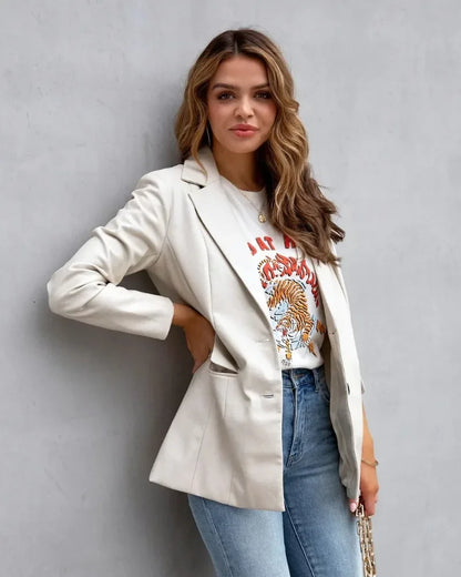 Elegant Chic Jacket Office Lady Long Sleeve Lapel Collar Single Breasted Pocket Coat Outwear 2025 Women PU Leather Suit Blazer