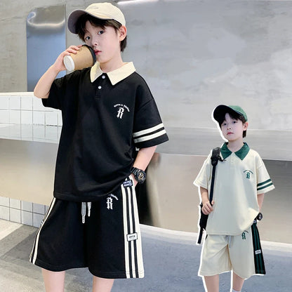 Boys Set Summer Children Clothing Korean Style Costumes Cotton Polo Shirt Shorts 2pcs Kids Casual Outfits Tracksuit Age 5-14 Y