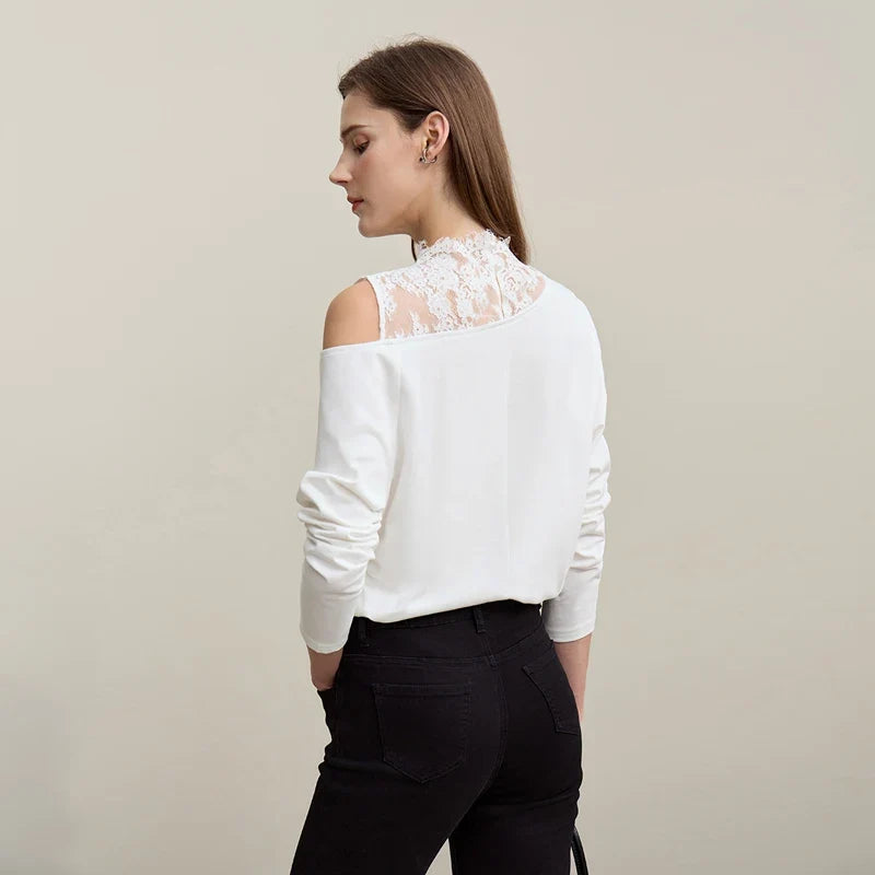 Long Sleeve T-shirt 2026 Autumn New Elegant Commuter Cotton Lace T-shirt Loose Off-the-shoulder Casual Women's Top 12641026