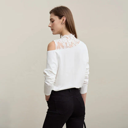 Long Sleeve T-shirt 2026 Autumn New Elegant Commuter Cotton Lace T-shirt Loose Off-the-shoulder Casual Women's Top 12641026