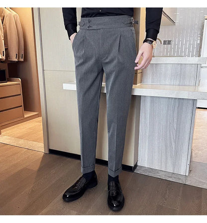 Autumn Winter High Waist Business Dress Pants Men Casual Belt Design Slim Suit Pants Formal Wedding Social Party Male Trousers