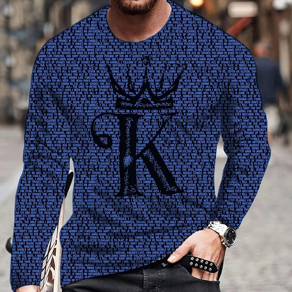 Summer Men's T-Shirt Big Size Loose Retro Short Sleeve Fashion American Poker Letter Print O Neck Long Sleeve Autumn Shirt