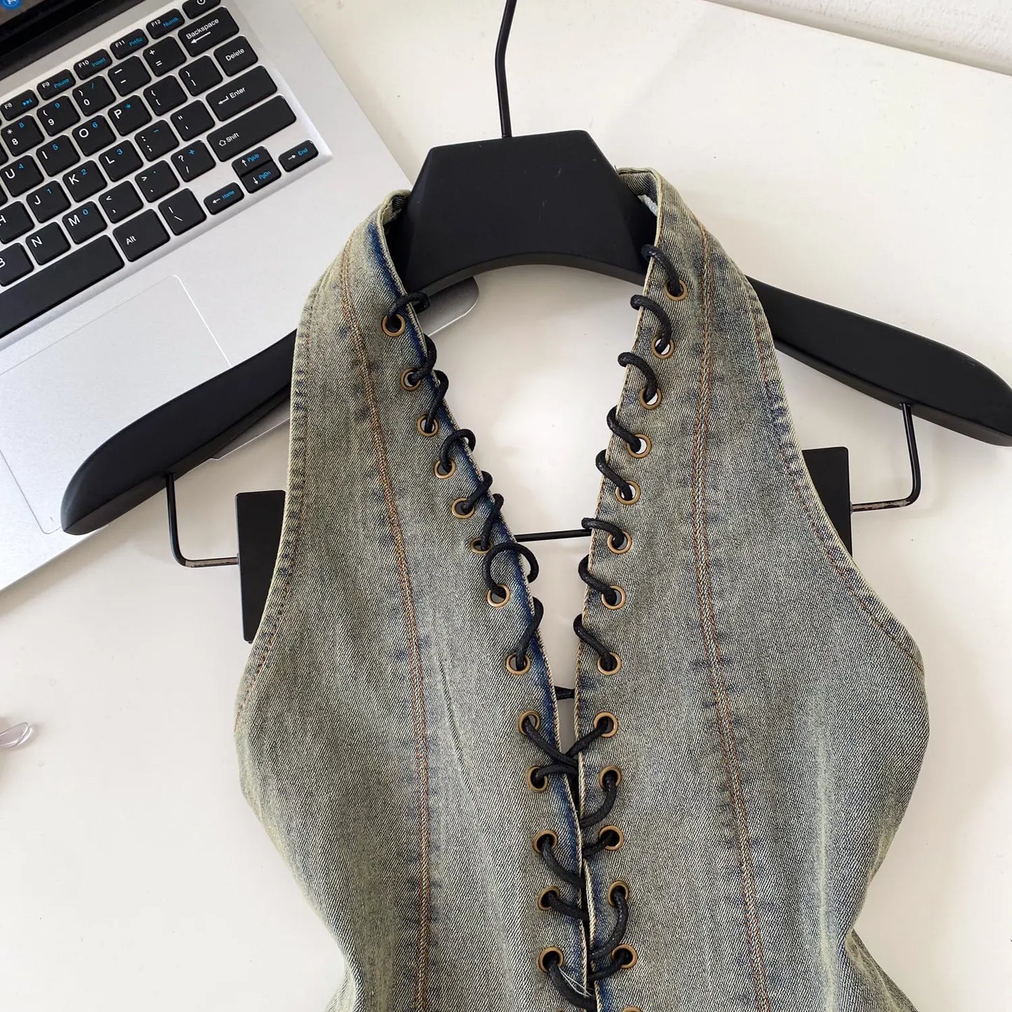 Night Club Denim Camis Female Summer Backless V Neck Lace Up Shirred Retro Halter Top Y2K Hot Girl Streetwear Tank Top