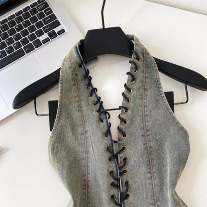Night Club Denim Camis Female Summer Backless V Neck Lace Up Shirred Retro Halter Top Y2K Hot Girl Streetwear Tank Top