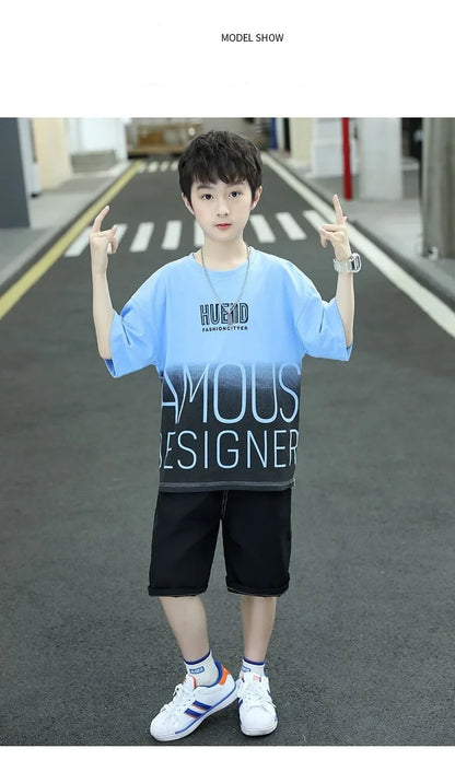 Summer Boys Cotton Contrast Alphabet t-Shirt Tops+Denim Shorts Pant School Kids Tracksuit Child 2PCS Outfit Workout Set 5-16 Yrs